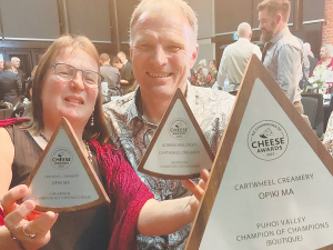 NZ&#039;s Champion Cheesemaker Adrian Walcroft and wife Jill with their awards.