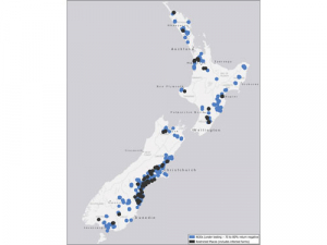 A BiosecurityNZ map showing properties under M. bovis controls as at January 11, 2019.