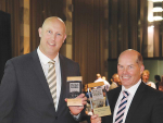 Miraka general manager milk supply Grant Jackson (left) and outgoing chief executive Richard Wyeth with the awards.