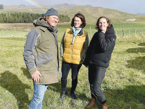 Deer Industry NZ chair Mandy Bell (centre) with Hastings deer farmers Ru and Kate Gaddum during a field day this month.
