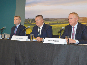 From left, Fonterra’s CFO Andrew Murray, CEO Miles Hurrell and chair Peter McBride announce the financial year 2024 results.