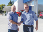Power Farming’s Geoff Maber and Morrinsville dealer Richard Clark at the opening of the new facility.