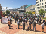 About 1000 farmers and rural people assemble in Wellington’s civic square before marching to parliament.