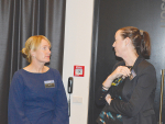 North Otago farmer Jane Smith (left) chats with Erica van Reenen, AgFirst, at B+LNZ’s annual meeting last month.