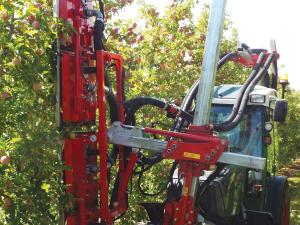 The ERO Impulse pneumatic defoliator delivers a pulsed flow of compressed air to shred and remove the green leaf material from apples during the ripening stages.