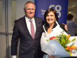 Fonterra chair Peter McBride with outgoing director Leonie Guiney at the AGM in New Plymouth.