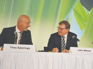 Fonterra chairman John Wilson (right) and chief executive Theo Spierings share a light moment at the announcement.