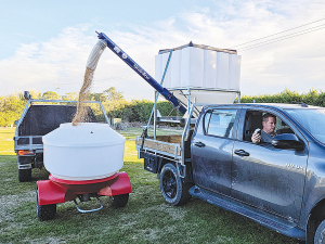 The Smart Stakkas converts into a feed out trailer, with an unloading auger that could be operated from the vehicle, side by side or quad bike.