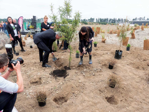 Prime Minister Jacinda Ardern and Agricultural Minister Damien O’Connnor planting a tree at Synlait’s Dunsandel plant.