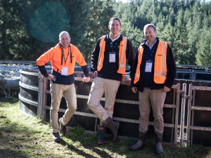 Pāmu CE Mark Leslie, ASB General Manager Rural Banking Aidan Gent and Associate Minister of Agriculture Mark Patterson at Pāmu farm Aratiatia Station where the Pāmu Apprenticeship Scheme will be based. 