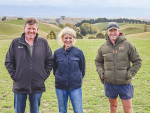 UK chief veterinary officer Christine Middlemiss (middle) with NZ Special Agricultural Trade envoy Hamish Marr (left) and Paul Crick on his sheep, beef and deer farmer in the Wairarapa.