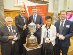 Applauding farming excellence (from left): James Russell, chairman of Rakaia Incorporation; Te Ururoa Flavell; Nathan Guy; Tuhi Watkinson, chair, Tewi Trust; and Andrew Priest, chief executive Ngai Tahu Farming at the presentation of medals for the three finalists at parliament.
