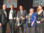 Winners are grinners: (left to right) Dave Samuels TPK, Kingi Smiler, Willie Jackson, Trudy Meredith and Jo Luxton at the presentation of the Ahuwhenua Trophy.