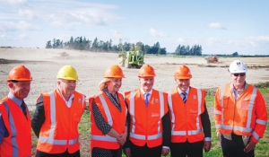 Central Plains Water Ltd (CPWL) chief executive Derek Crombie (left), Fulton Hogan’s Mike Howat, local MP Amy Adams, Prime Minister Bill English, Primary Industries Minister Nathan Guy, and Fulton Hogan project manager Peter Wissel. 