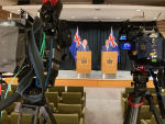 Prime Minister Christopher Luxon and Trade Minister Todd McClay announcing the free trade agreement.