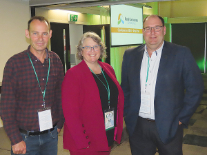 From left, new Rural Contractors NZ president Clinton Carroll, outgoing president Helen Slattery and Associate Agriculture Minister Andrew Hoggard at the RCNZ conference in Masterton.