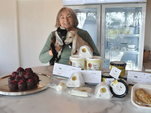Jennifer Rodrigue with Belle Chevre range of goat cheese produced on their small farm.