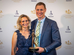 Mat Hocken with wife Lana after receiving his award in Auckland last night.