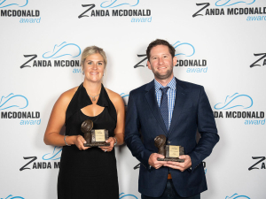 L-R: 2023 Award winners Harriet Bremner (NZ) and Mitch Highett (AU) when they were crowned at the 2023 Award Celebration Evening in Brisbane, March 2023.