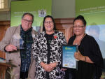 Wini and Simon Geddes of Tāne Mahuta NZ Ltd, winners of the 2022 Māori Agribusiness Award, with Acting Minister of Agriculture Meka Whaitiri