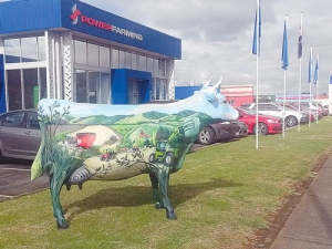 One of the glass cows outside the Power Farming office in Morrinsville.