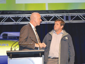 Fonterra chief executive Theo Spierings and Whakatane farmer Gerald van Beek at this month’s annual meeting.