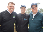 Federated Farmers president Wayne Langford (left) with Paparimu farmers, Shirley-Ann and Rick Mannering.