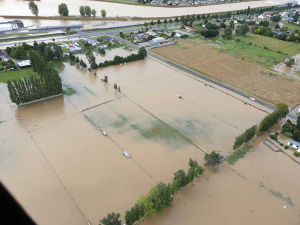 An aerial view of Southland flooding on Thursday last week. Photo: High Country Helicopters/Facebook.