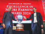 Wairarapa Moana ki Pouakani chair Kingi Smiler (right) receives the Ahuwhenua Trophy from Maori Development Minister Tama Potaka at the awards night. Photo Credit: Alphapix.nz