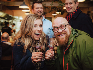 Chelsea Ambramoff and Al McDonald from Church Road, left to right front, with Mitch Hyndman, Church Road, back left, and James McMenamin of The Farm at Cape Kidnappers at the 2020 Winter Wine Walk in Napier. Photo by Kirsten Simcox
