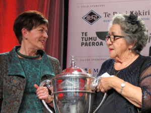 Governor General, Dame Patsy Reddy (left) with Moyra Bramley, chairwoman of the Onuku Māori Lands Trust.