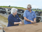 Jo McLachlan, sales consultant for J Swap Stockfoods (left) and Eureka farmer Dan Hinton.