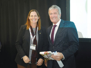 Katie Milne with Agriculture Minister Damien O’Connor at the Feds conference.