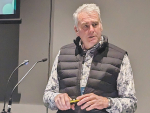 Scott Lawson talks about the province’s continuing struggle to recover from Cyclone Gabrielle, speaking at the recent Horticulture Conference in Christchurch. Photo Credit: Nigel Malthus