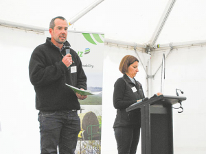 Oxford dairy farmer Cameron Henderson (left) speaks at the DairyNZ Farmers Forum in Canterbury.