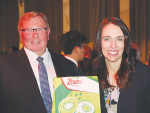 Zespri chairman Bruce Cameron with PM Jacinda Ardern at Parliament last month celebrating the kiwifruit industry's past year.