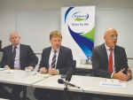 Under pressure: Fonterra shareholders council chair Duncan Coull; board chair John Wilson and chief executive Theo Spierings face journalists after the annual meeting.