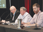 Left to right: RCNZ’s Roger Parton, Fed Farmers’ Gavin Forrest and MPI’s Joe Stockman at the RCNZ Nelson conference.