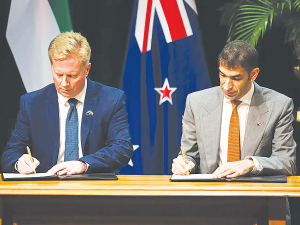 Trade Minister Todd McClay and his UAE counterpart Minister of State for Foreign Trade Dr Thani bin Ahmed Al Zeyoudi in Wellington last week.