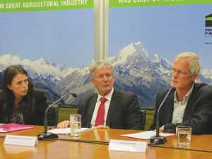 Prime Minister Jacinda Ardern, Agriculture Minister Damien O’Connor and DairyNZ chair Jim van der Poel addressing the media conference at Federated Farmers headquarters in Wellington last week that outlined the joint industry-government decision to go for a phased eradication of the cattle disease Mycoplasma bovis. 