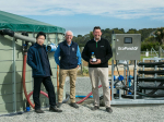 Lincoln University professors Hong Di, left, and Keith Cameron with Ravensdown's Carl Ahfield. The team responsible for the Cleartech effluent management system has now unveiled EcoPond, claimed to be a breakthrough in methane mitigation. Supplied. Tony Stewart/Photoshots