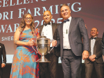 Maori Development Minister Tama Potaka (centre) with the winning farm’s co-chairs Huhana Lyndon and Morris Pita. Photo Credit: Alphapix.