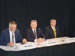 Fonterra’s CFO Marc Rivers, chair John Monaghan and CEO Miles Hurrell fronting at this year’s annual result briefing.