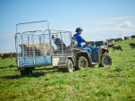 The Easy-Entry Calf Trailer Gate being towed on farm.