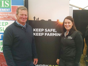 Worksafe New Zealand Safer Farms ambassador Richard Loe with Worksafe inspector Tiffany Boyle at the Worksafe stand at the 2017 South Island Agricultural Field Days at Kirwee. 
