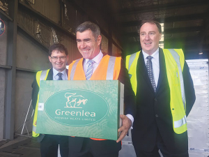 Tony Egan, Greenlea Meats, Nathan Guy and Richard Carlson, marketing manager, Greenlea Meats with a sample of chilled meat which is heading to China.