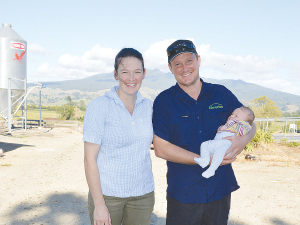 Waikato/Bay of Plenty FMG Young Farmer of the Year Chris Poole with wife Emma Dangen and six-week-old son Beau.