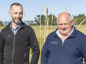 Waimakariri Irrigation Ltd biodiversity project lead Dan Cameron with chief executive Brent Walton at a biodiversity project site on the Burgess Stream in Swannanoa.