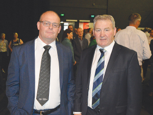 Fonterra’s outgoing Shareholders Council chairman Duncan Coull and Fonterra chairman John Monaghan at last weeks AGM.