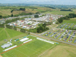 An aerial view of the Southern Field Days exhibition site at Waimumu with the Fred Booth Park rugby pitch in the foreground.